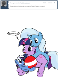 Size: 600x800 | Tagged: safe, artist:dekomaru, derpibooru import, trixie, twilight sparkle, oc, oc:nebula, pony, unicorn, ask, female, lesbian, magical lesbian spawn, mare, offspring, parent:trixie, parent:twilight sparkle, parents:twixie, pregnant, shipping, tumblr, tumblr:ask twixie, twixie