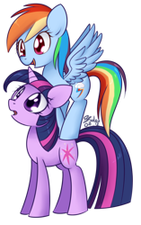 Size: 766x1223 | Tagged: safe, artist:solar-slash, derpibooru import, rainbow dash, twilight sparkle, unicorn twilight, pegasus, pony, unicorn, eye shimmer, female, lesbian, looking up, mare, open mouth, shipping, simple background, smiling, spread wings, stack, transparent background, twidash, wings