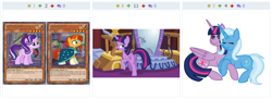 Size: 778x283 | Tagged: safe, artist:midnightamber, artist:rogueheart101, derpibooru import, edit, edited screencap, screencap, starlight glimmer, sunburst, trixie, twilight sparkle, twilight sparkle (alicorn), alicorn, pony, unicorn, derpibooru, female, lesbian, male, mare, meta, shipping, twixie, yu-gi-oh!, yugioh card