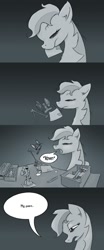 Size: 500x1200 | Tagged: safe, artist:rainbowvan45, derpibooru import, trixie, oc, oc:wheely bopper, original species, pony, unicorn, comic, drool, female, figurine, gaming miniature, mare, miniature, monochrome, solo, sound effects, speech bubble, waking up, wheelpone, yawn