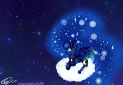 Size: 2300x1600 | Tagged: safe, artist:chocolaterainwith235, princess luna, alicorn, pony, cloud, prone, smiling, solo, space, spread wings