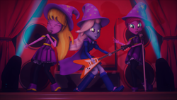 Size: 3840x2160 | Tagged: safe, artist:dj-chopin, derpibooru import, fuchsia blush, lavender lace, trixie, equestria girls, 3d, cape, clothes, electric guitar, eyes closed, female, flying v, guitar, hat, microphone, singing, spotlight, stage, trixie and the illusions, trixie's cape, trixie's hat