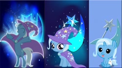 Size: 1920x1080 | Tagged: safe, artist:mr-kennedy92, derpibooru import, trixie, pony, baby, baby pony, cape, clothes, collage, cutie mark, diaper, filly, foal, hat, stars, trixie's cape, trixie's hat, vector, wallpaper