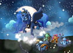 Size: 3510x2550 | Tagged: safe, artist:angelwaveo6, princess luna, oc, alicorn, pony, children of the night, flying, night