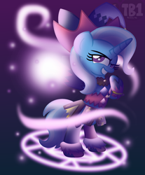 Size: 2663x3210 | Tagged: safe, artist:bubbly-storm, derpibooru import, trixie, pony, unicorn, bipedal, book, clothes, colored pupils, female, gradient background, grin, magic, magic circle, magilou mayvin, mare, raised hoof, reference, skirt, smiling, solo, tales of berseria