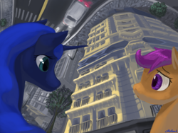 Size: 1024x768 | Tagged: safe, artist:chickhawk96, princess luna, scootaloo, alicorn, pony, dream, dream walker luna, inception