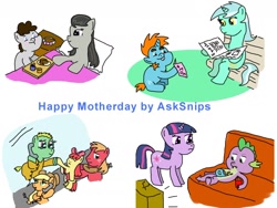 Size: 1280x960 | Tagged: safe, artist:asksnips, derpibooru import, apple bloom, applejack, big macintosh, lyra heartstrings, octavia melody, snips, spike, truffle shuffle, twilight sparkle, dragon, earth pony, pony, ask snips, colt, male, mother's day, parent, stallion