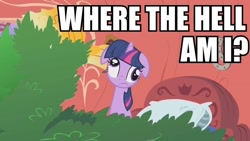 Size: 640x360 | Tagged: safe, derpibooru import, edit, edited screencap, screencap, twilight sparkle, unicorn twilight, pony, unicorn, look before you sleep, bed, caption, derp, female, golden oaks library, horseshoes, image macro, jak 2, mare, meme, solo, text, tree, vulgar