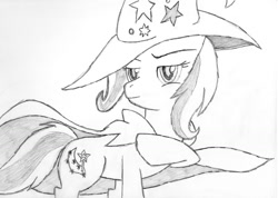 Size: 1280x913 | Tagged: safe, artist:xx-ph0n-3, derpibooru import, trixie, pony, unicorn, female, mare, monochrome, solo