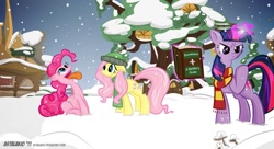 Size: 1297x706 | Tagged: safe, artist:astalakio, derpibooru import, fluttershy, pinkie pie, twilight sparkle, earth pony, pegasus, pony, clothes, hat, scarf, snow, snowfall, winter