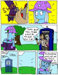 Size: 1280x1670 | Tagged: safe, artist:americananomaly, derpibooru import, derpy hooves, doctor whooves, trixie, anthro, alicorn amulet, anthroquestria, breasts, comic, denied, doctor who, female, nope, tardis, titsie, yoink