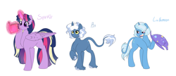 Size: 6000x2600 | Tagged: safe, artist:marukouhai, derpibooru import, pokey pierce, trixie, twilight sparkle, twilight sparkle (alicorn), alicorn, pony, curved horn, headcanon, high res, leonine tail, magic, raised hoof, simple background, white background