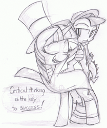 Size: 841x1008 | Tagged: safe, artist:frostedwarlock, derpibooru import, spike, twilight sparkle, dragon, ask, clothes, crossover, eyes closed, hat, hershel layton, luke triton, monochrome, professor layton, rainbow dash replies, truth, tumblr