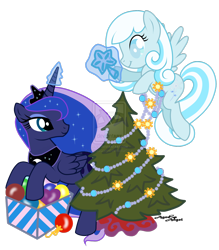 Size: 1280x1463 | Tagged: safe, artist:agnessangel, princess luna, oc, oc:snowdrop, alicorn, pony, christmas tree, decoration, magic, simple background, transparent background, tree