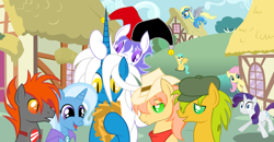 Size: 1024x533 | Tagged: safe, artist:somashield, derpibooru import, derpy hooves, fluttershy, rarity, trixie, oc, pegasus, pony, unicorn, wonderbolts