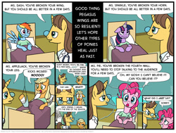 Size: 1129x852 | Tagged: safe, artist:kturtle, derpibooru import, applejack, doctor horse, doctor stable, pinkie pie, rainbow dash, twilight sparkle, earth pony, pegasus, pony, breaking the fourth wall, broken horn, broken leg, broken wing, comic, dialogue, doctor, fourth wall, hospital, injured, kicks mcgee, looking at you