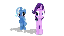 Size: 640x360 | Tagged: safe, artist:mmdkawaiiglimmery, derpibooru import, starlight glimmer, trixie, pony, unicorn, 3d, blushing, cute, female, mare, mmd, simple background, white background