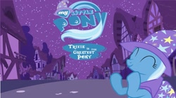 Size: 1280x719 | Tagged: safe, derpibooru import, trixie, pony, unicorn, female, logo, mare, ponyville, solo