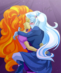 Size: 3076x3682 | Tagged: safe, artist:shinta-girl, derpibooru import, adagio dazzle, trixie, equestria girls, rainbow rocks, blushing, commission, couple, eyes closed, female, kissing, lesbian, shipping, triagio