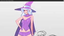 Size: 1366x768 | Tagged: safe, artist:doxy, derpibooru import, trixie, human, cape, clothes, game, gray background, hat, horned humanization, humanized, preview, princess destiny, simple background, solo, trixie's cape, trixie's hat, vest, youtube link