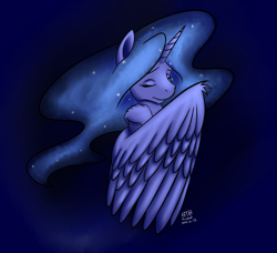 Size: 1280x1167 | Tagged: safe, artist:btbunny, artist:therealedisonlight, princess luna, alicorn, anthro, ethereal mane, eyes closed, female, solo, starry mane, wings