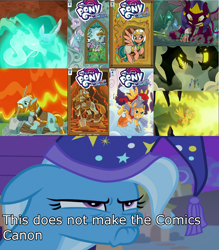 Size: 1920x2190 | Tagged: safe, derpibooru import, edit, idw, screencap, albus, flash magnus, iron eagle, mistmane, rockhoof, somnambula, trixie, pony, campfire tales, legends of magic, to where and back again, spoiler:comic, spoiler:s07, comic cover, faic, floppy ears, frown, glare, grumpy, image macro, lip bite, meme, netitus, op is a cuck, op is just having a laugh, shield