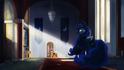 Size: 1920x1080 | Tagged: safe, artist:hierozaki, princess luna, scootaloo, bat pony, bat ponified, bust, chandelier, interior, painting, race swap, raised hoof, student of the night, tapestry