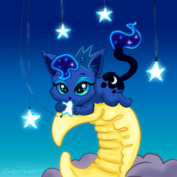 Size: 628x628 | Tagged: safe, artist:superkeen, princess luna, cat, cute, kitten, lunabetes, moon, nom, princess mewna, species swap, stars, tangible heavenly object, weapons-grade cute