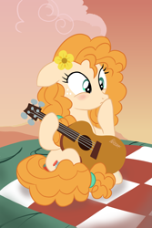 Size: 3693x5526 | Tagged: safe, artist:rambon7, derpibooru import, pear butter, earth pony, pony, the perfect pear, absurd resolution, acoustic guitar, blushing, buttercup, cutie mark, female, flower, flower in hair, guitar, mare, milf, mother, musical instrument, scene interpretation, solo