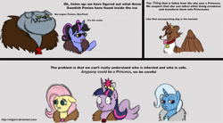 Size: 1201x665 | Tagged: safe, artist:velgarn, derpibooru import, fluttershy, trixie, twilight sparkle, twilight sparkle (alicorn), winona, oc, oc:pixelkitties, alicorn, diamond dog, pegasus, pony, female, mare, the thing