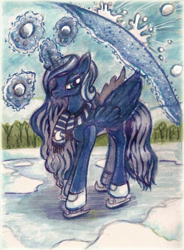 Size: 438x594 | Tagged: safe, artist:swallowchaser, princess luna, alicorn, pony, clothes, ice skating, magic, scarf, shield, snow, snowball fight, solo, telekinesis