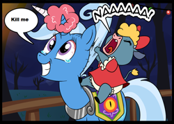 Size: 712x510 | Tagged: safe, artist:madmax, derpibooru import, edit, trixie, minotaur, pony, unicorn, child, clothes, cotton candy, cropped, detailed background, dialogue, dress, female, females only, hair pulling, kill me, mare, speech bubble, tears of pain