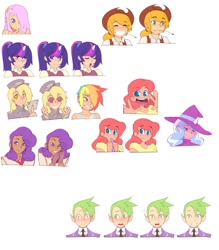 Size: 984x1125 | Tagged: safe, artist:doxy, derpibooru import, applejack, derpy hooves, fluttershy, pinkie pie, rainbow dash, rarity, spike, trixie, twilight sparkle, human, alternate hairstyle, applejack's hat, blushing, bust, clothes, cowboy hat, elf ears, embarrassed, eyes closed, hair over one eye, hat, heart eyes, horned humanization, humanized, looking at you, mane six, necktie, open mouth, ponytail, portrait, princess destiny, simple background, smiling, trixie's hat, white background, wingding eyes