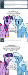 Size: 600x1600 | Tagged: safe, artist:dekomaru, derpibooru import, trixie, twilight sparkle, pony, ask, blushing, female, lesbian, shipping, tumblr, tumblr:ask twixie, twixie