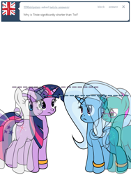 Size: 600x800 | Tagged: safe, artist:dekomaru, derpibooru import, trixie, twilight sparkle, twilight velvet, oc, oc:hazel lulamoon, pony, ask, comparison, female, lesbian, shipping, tumblr, tumblr:ask twixie, twixie