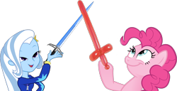 Size: 2024x1037 | Tagged: safe, derpibooru import, pinkie pie, trixie, equestria girls, balloon, duel, exploitable meme, fight, look what pinkie found, look what trixie found, meme, sword