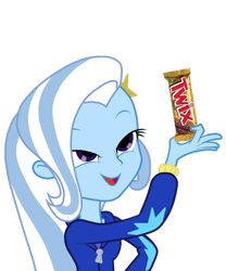 Size: 750x900 | Tagged: safe, artist:kressio, derpibooru import, trixie, equestria girls, candy, chocolate, exploitable meme, look what trixie found, meme, pun, solo, twix