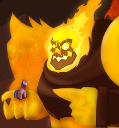 Size: 3500x3749 | Tagged: safe, artist:krekka01, derpibooru import, twilight sparkle, pony, elemental lord, fire lord, firelord, high res, holding a pony, pointing, ragnaros