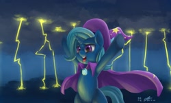 Size: 1846x1104 | Tagged: safe, artist:mrs1989, derpibooru import, trixie, pony, unicorn, female, lightning, mare, solo, thunder