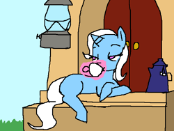 Size: 640x480 | Tagged: artist needed, safe, derpibooru import, trixie, pony, unicorn, crossed hooves, cup, food, levitation, lidded eyes, magic, prone, solo, tea, teacup, teapot, telekinesis