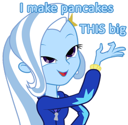 Size: 750x732 | Tagged: safe, derpibooru import, trixie, equestria girls, blue text, exploitable meme, image macro, look what trixie found, meme, pancakes, solo, spider-man, trixie yells at everything