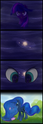 Size: 1200x3464 | Tagged: safe, artist:scootiebloom, princess luna, twilight sparkle, alicorn, pony, comic, duo, ethereal mane, female, galaxy mane, looking at each other, manegazing, mare