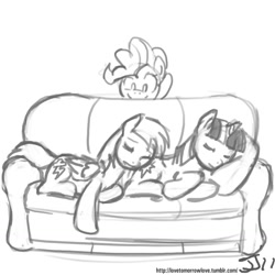 Size: 1280x1280 | Tagged: safe, artist:johnjoseco, derpibooru import, pinkie pie, rainbow dash, twilight sparkle, earth pony, pegasus, pony, grayscale, monochrome, sleeping, sofa