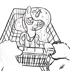 Size: 708x713 | Tagged: safe, artist:zlack3r, princess luna, human, crown, cute, filly, folded wings, grayscale, jewelry, looking up, lunabetes, monochrome, offscreen character, open mouth, pov, princess shoes, regalia, shopping cart, signature, simple background, smiling, solo focus, white background, woona