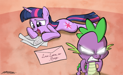 Size: 1000x612 | Tagged: safe, artist:willdrawforfood1, derpibooru import, spike, twilight sparkle, dragon, glowing eyes, love letter