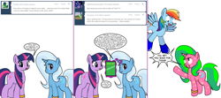 Size: 1808x800 | Tagged: safe, artist:dekomaru, derpibooru import, rainbow dash, trixie, twilight sparkle, pegasus, pony, ask, dvd, female, lesbian, poison joke, shipping, tumblr, tumblr:ask twixie, twixie