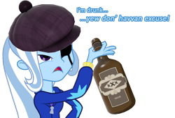 Size: 1110x749 | Tagged: safe, derpibooru import, trixie, equestria girls, alcohol, bottle, demoman, drunk, drunk trixie, exploitable meme, eyepatch, hat, image macro, inverted mouth, look what trixie found, meme, scrumpy, solo, team fortress 2, the great and alcoholics trixie, trixie yells at everything