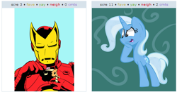 Size: 526x276 | Tagged: safe, derpibooru import, trixie, exploitable meme, iron man, juxtaposition, juxtaposition win, meme