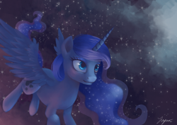 Size: 3508x2480 | Tagged: safe, artist:katyand, artist:sewingintherain, princess luna, alicorn, pony, female, flying, mare, missing accessory, night sky, sky, smiling, solo, spread wings