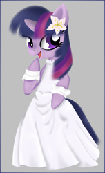 Size: 694x1140 | Tagged: safe, artist:rodolfomushi, derpibooru import, twilight sparkle, pony, semi-anthro, bipedal, clothes, dress, female, flower, flower in hair, gray background, mare, open mouth, open smile, simple background, smiling, solo, wedding dress